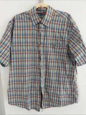 Alan Flusser Mens Large 100% Cotton Short Sleeve red yellow blue plaid button up